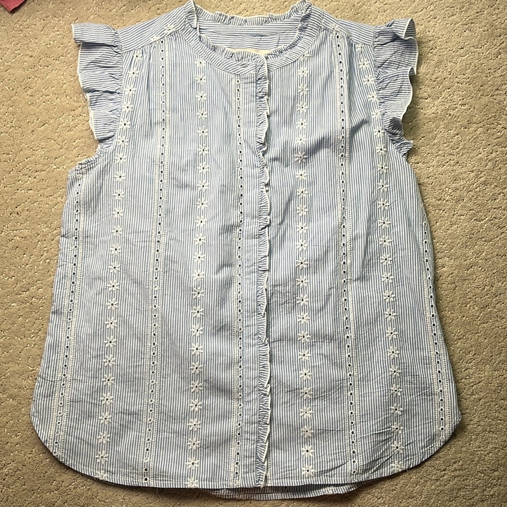 Ann Taylor LOFT Flutter Sleeve Button Down Embroidered Blouse Striped Floral M - Picture 2 of 7